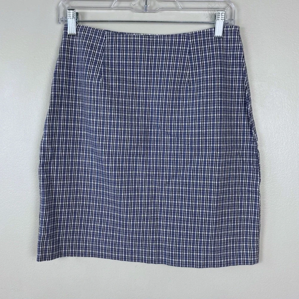 Faded Glory Stretch Plaid Mini Skirt Blue White Y2K Vintage Academia Size Medium
